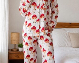 Pilz Pyjama Set, Cottagecore Pyjama, Pilz Print Set, Baumwoll Nachtwäsche, Gemütlicher Lounge Schlafanzug, Geschenk für Sie