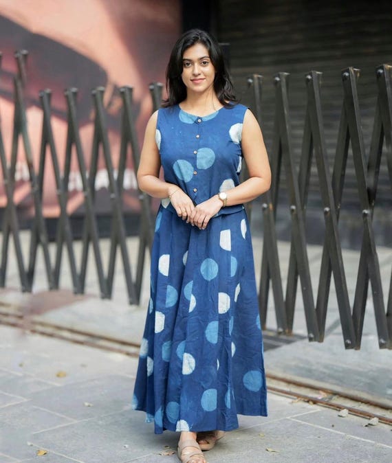 matching sets flowy dresses holiday clothing Women's Blue Cotton Co Ord Set, Sleeveless Polka Dot Set, Boho Maxi Skirt Outfit, Casual Summer Two Piece Set for Women upload-20250212