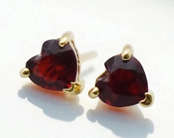 Garnet Heart Stud Earrings, 5mm Prong Set January Birthstone Studs, Brass or 925 Silver, Dainty Garnet Jewelry