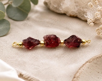 Natural Garnet Connector Charm | Raw Red Stone with Gold Beads | Artisan Jewelry Supply