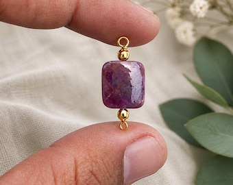 Natural Ruby Rectangle Double Loop Charm | 10mm Gemstone Connector | Handmade Jewelry