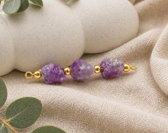 Raw Natural Ruby Connector Charm | Red Gemstone Link with Gold Beads | Artisan Jewelry Finding
