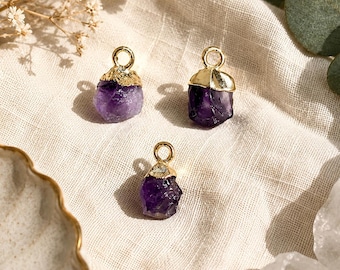 Natural Amethyst Nugget Charm | Gold Plated Gemstone  Pendant | Handmade Jewelry Supply