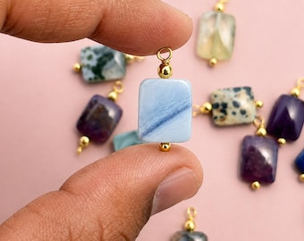 Blue Opal Rectangle Gemstone Charm | 10mm Single Loop Pendant | Artisan Jewelry Supply