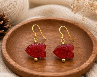 Carnelian Hand Carved  Fish Earrings | Natural Gemstone Dangle Earrings | Gold Plated Jewelry Making
