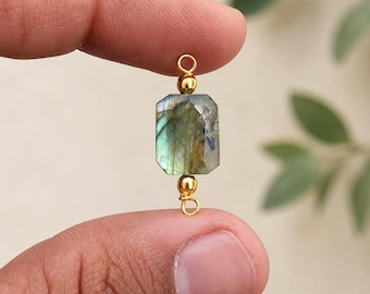 Flash Labradorite Gemstone Connector | 10mm Rectangle Charm | Double Loop