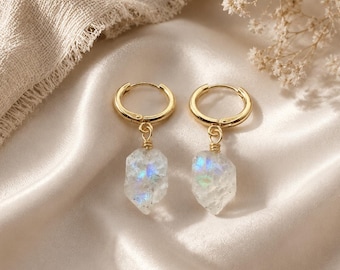 Raw Moonstone Hoop Earrings | Natural Rough Gemstone Crystal Jewelry