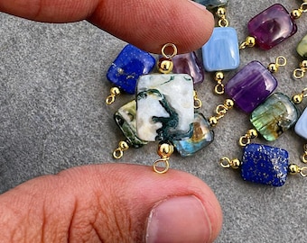 Moss Agate Gemstone Charm 10mm Rectangle | Double Loop Connector | Artisan Jewelry Supply