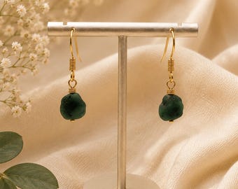 Raw Emerald Drop Jewelry | Handmade Gold Plated Gemstone Earrings