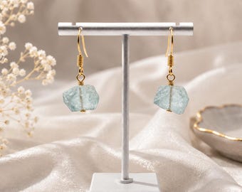 Natural Raw Aquamarine Earrings | Handmade Gold Plated Dangle Jewelry