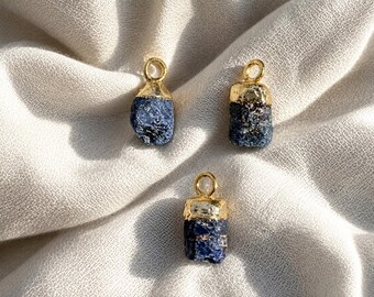 Sapphire Gemstone Charm Pendant | Organic Blue Crystal | Gold Plated Component