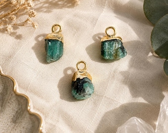 Raw Emerald Gemstone Pendant | Handmade Green Crystal Charm | Gold Plated Jewelry Finding
