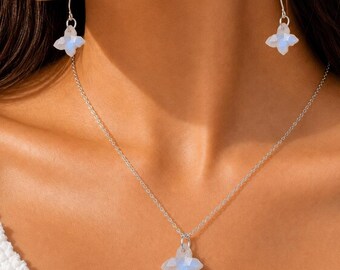 Natural Moonstone Butterfly Necklace Set, Matching Earrings, White Crystal Jewelry, Minimalist Bridal Gift