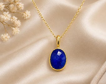 Dyed Sapphire Gemstone Necklace | Gold Bezel Birthstone Pendant Necklace  Jewelry  Gift for Women