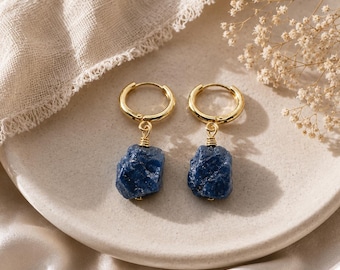 Raw Blue Sapphire Hoop Earrings | Gold Plated Wire Wrapped Crystal Jewelry | 925 Sterling Silver Boho