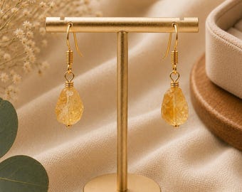 Handmade Raw Citrine Earrings | Natural Gold Plated Gemstone Jewelry