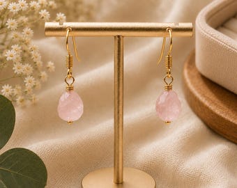 Rose Quartz Drop Earrings | Raw Natural Pink Crystal Gold Plated Jewelry
