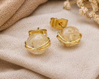 Golden Rutile Gemstone Stud Earrings | 8mm Wire Wrapped Golden Stone | Minimal Jewelry Gift