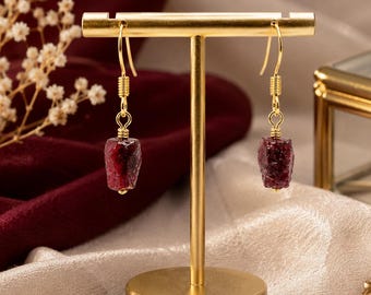 Garnet Gemstone Drop Earrings | Raw Crystal Gold Wire Wrapped Earrings
