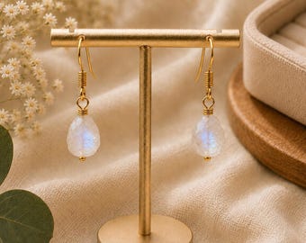 Raw Natural Moonstone Earrings | Handmade Gold Plated Crystal Drop Jewelry