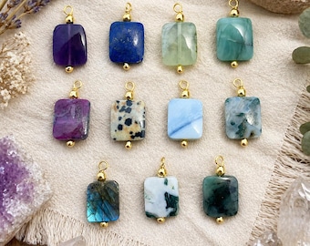 Slice Rectangle Gemstone Pendant Charms with Gold Bail - Natural Crystal Pendants for Jewelry Making