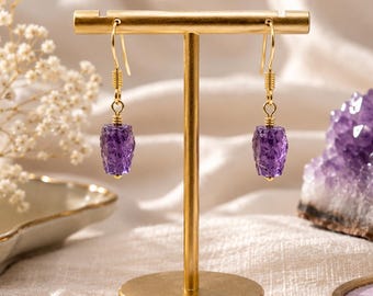 Handmade Raw Amethyst Earrings | Gold Plated Wire Wrapped Dangle