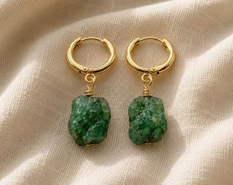 Handmade Raw Emerald Hoop Earrings | Natural Rough Gemstone | Green Crystal Jewelry