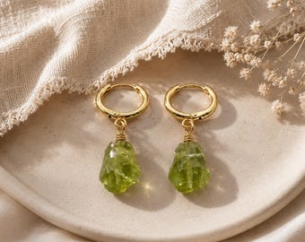Raw Peridot Hoop Earrings | 925 Sterling Silver | Boho Crystal Healing Jewelry | Rough Green Gemstone
