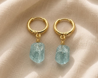 Raw Aquamarine Hoop Earrings, Natural Rough Nugget Stone, Minimalist Boho Crystal Jewelry, 925 Sterling Silver