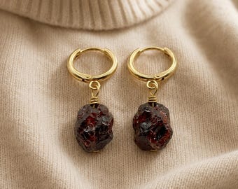 Raw Garnet Hoop Earrings, Natural Rough Nugget Stone, Minimalist Boho Crystal Jewelry, 925 Sterling Silver, Gold Silver Rose Gold Plated