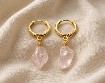 Raw Rose Quartz Hoop Earrings, Silver Plated Pink Crystal Hoops, Wire Wrapped Gemstone Earrings, Natural
