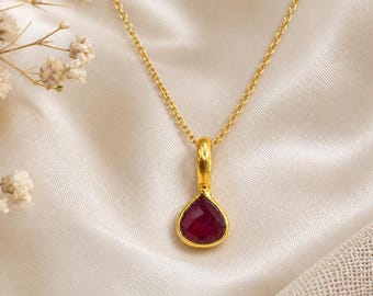 Garnet Heart Gemstone Necklace | Gold Bezel Charm Necklace  | January Birthstone Jewelry