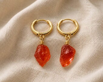 Rough Carnelian Hoop Earrings | Natural Orange Crystal | Sterling Silver Bohemian Jewelry