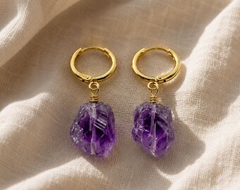 Raw Amethyst Hoop Earrings, Natural Rough Nugget Stone, Minimalist Boho Crystal Jewelry, 925 Sterling Silver, Gold Silver Rose Gold Plated