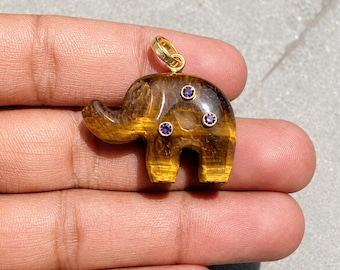 Natural Tiger Eye Elephant Pendant | Purple CZ Gemstone Charm | Gold Plated Boho Jewelry
