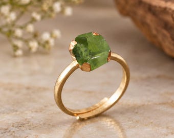 Peridot Gemstone Ring | Natural Green Stone Adjustable Gold Plated Jewelry