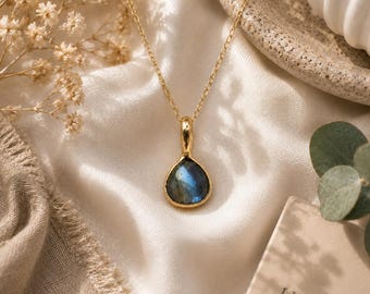 Labradorite Birthstone Heart Necklace | Natural Gemstone Pendant | Gold Plated Fashion Jewelry Supply