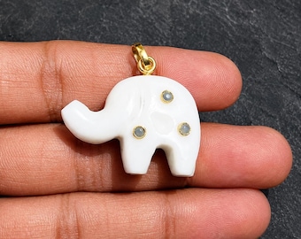 Hand Carved White Opal Elephant Pendant Gold Plated Charm Natural Gemstone Animal Necklace Cute Boho Jewelry Gift for Her