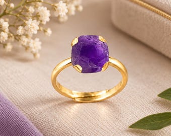 Raw Amethyst Gemstone Adjustable Ring | Natural Purple Stone Gold Plated Jewelry Making