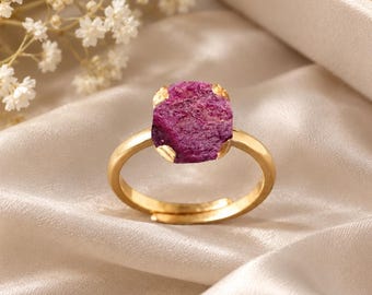 Raw Ruby Adjustable Ring | Natural Red Gemstone Gold Plated Jewelry Supply
