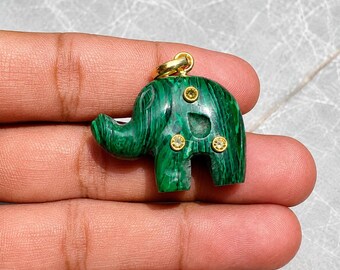Hand Carved Malachite Elephant Charm | Green Stone Animal Pendant | Artisan Jewelry