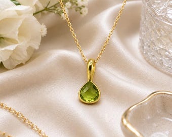 Peridot Quartz Heart Charm Necklace | Green Gemstone Necklace | Gold Plated Handmade Jewelry