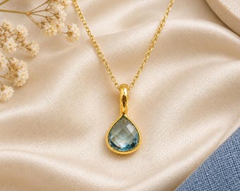 Aquamarine Quartz Gemstone Necklace | Faceted Heart Pendant Necklace | Gold Plated March Birthstone Jewelry