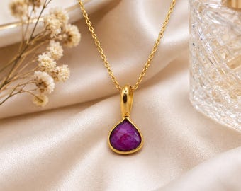 Dyed Ruby Heart Gemstone Pendant Necklace | Elegant Gold Plated Necklace | Red Crystal Jewelry