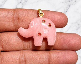 Hand Carved Pink Opal Elephant Pendant with Orange CZ Gemstone Charm – Gold Plated Necklace