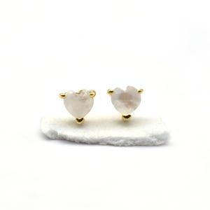 Rainbow Moonstone Heart Stud Earrings, 5mm Prong Set June Birthstone Studs, Brass or 925 Silver, Dainty Moon Magic