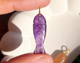 Amethyst Fish Charm | Purple Gemstone Pendant with CZ Eye | Handcrafted Gold Plated Jewelry Finding