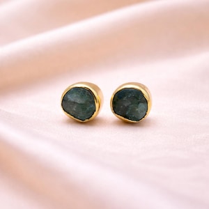 Natural Raw Emerald Earrings | 6-8mm Green Stone Studs | Minimal Collet Set Jewelry