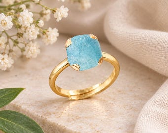 Natural Aquamarine Gemstone Adjustable Ring | Gold Plated Raw Blue Stone Jewelry