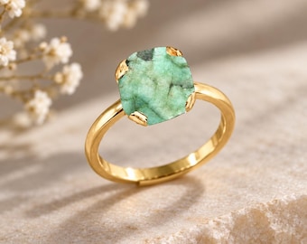 Raw Natural Emerald Ring | Green Gemstone Adjustable Gold Plated Jewelry Making